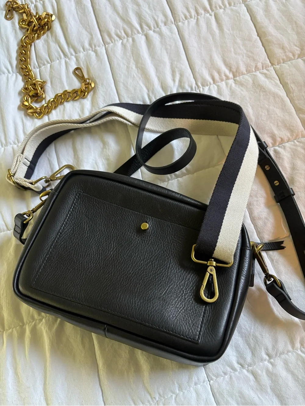 Madewell Black Leather Crossbody with Striped Canvas Strap